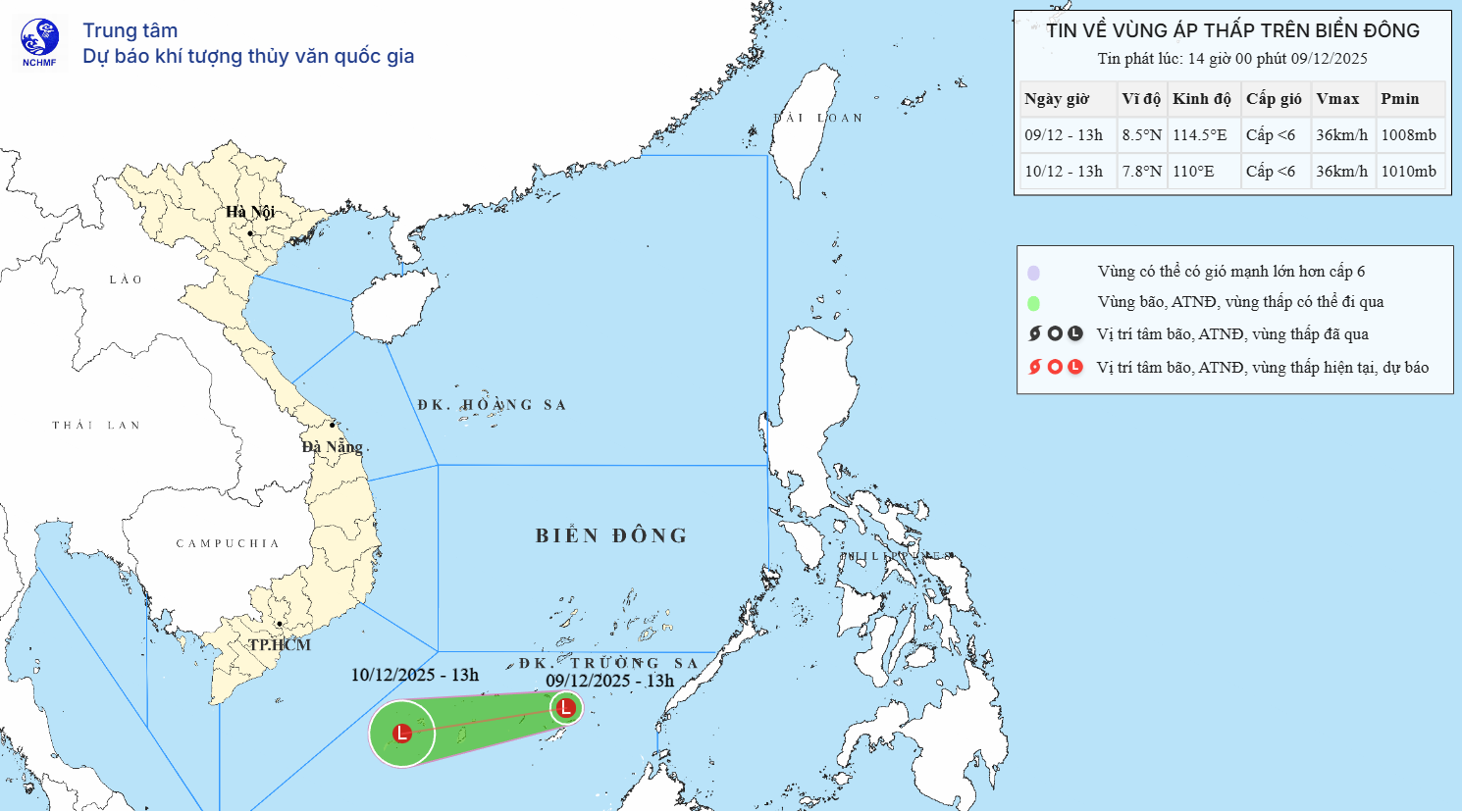 Xuất hiện vùng áp thấp trên khu vực phía Nam Biển Đông
